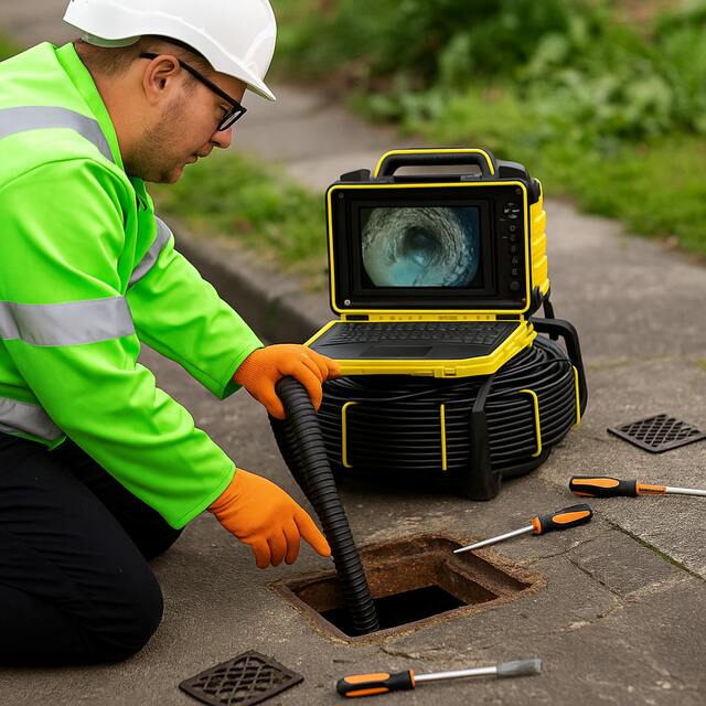 Drainage engineer performing a CCTV drain survey in Leeds using a high-definition inspection camera.