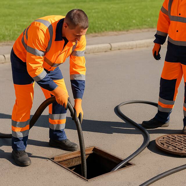 Drainage engineer in Leeds performing high-pressure jetting to clear a blocked drain.