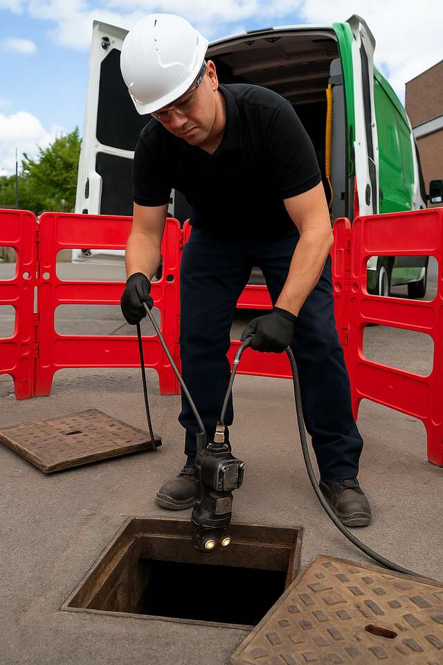 Drainage engineer in Leeds lowering a CCTV camera into a drain for inspection.