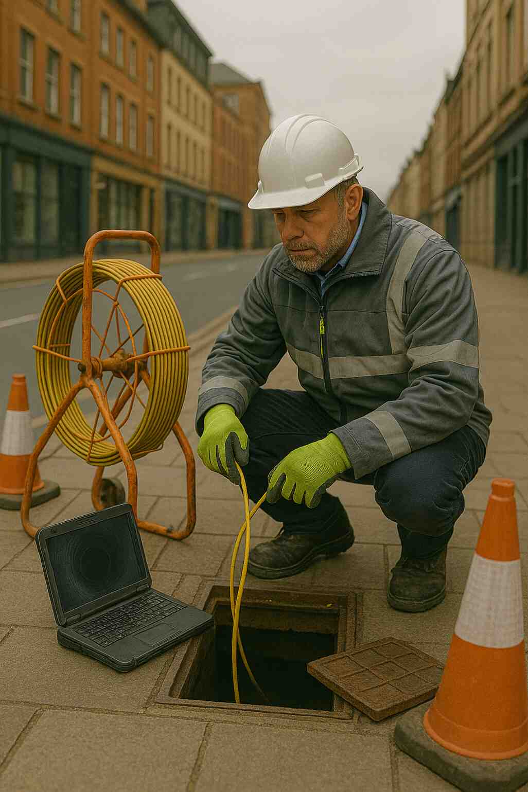 Drainage engineer in Barnsley performing a CCTV drain inspection on a paved street, using a yellow cable reel and laptop monitor.