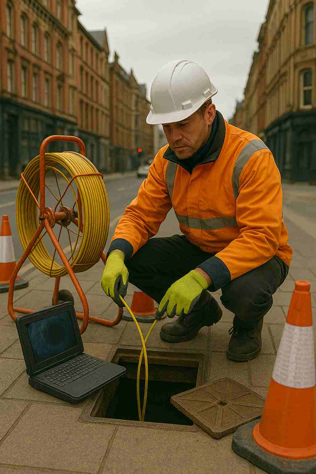 Drainage engineer in Barnsley carrying out a CCTV drain inspection with a yellow cable reel and laptop beside an open manhole.
