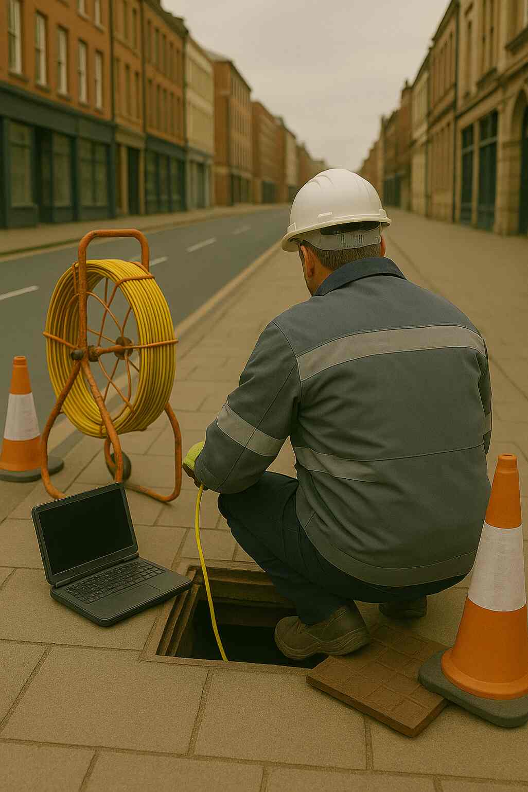 Drainage engineer in Barnsley inspecting a public drain with a CCTV camera, reel, and laptop on the roadside.