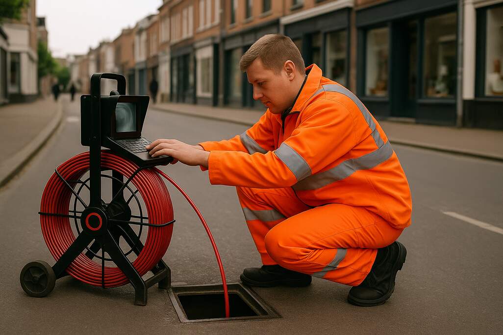 Drainage engineer in Thorp Arch wearing high-visibility orange gear, using a CCTV drain survey system to inspect an open manhole on a quiet street.