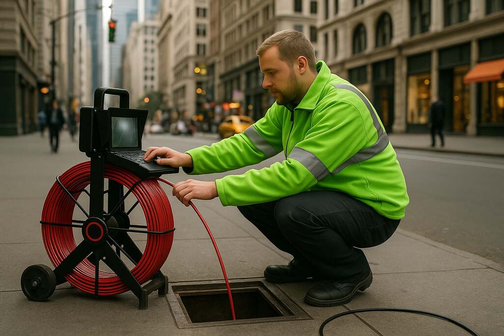 Drainage engineer in Thorp Arch using a CCTV inspection reel to examine an open manhole on a city street, monitoring footage on a portable screen.